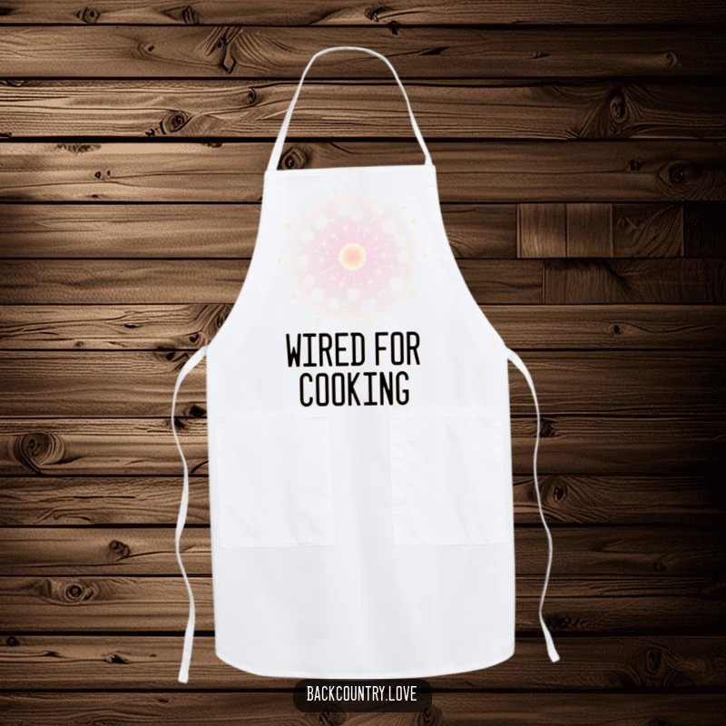 Funny energy network apron, featuring glowing, interconnected nodes pulsing with energy. Ideal for the futuristic chef.
