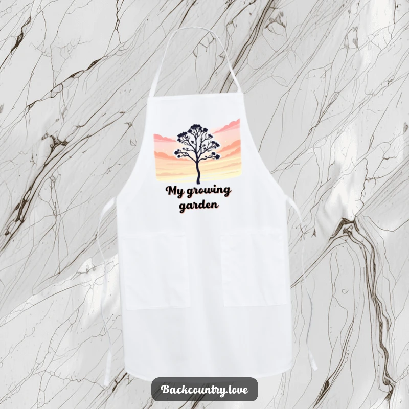 Funny Apron: A lone tree silhouette against a vibrant sky, humorously representing growth and freshness in the kitchen.