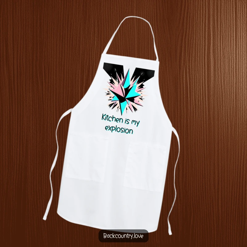 Funny Monochrome Geometric Explosion Apron with sharp, angular shards exploding outwards in a bold black and white abstract pattern, perfect for cooking.