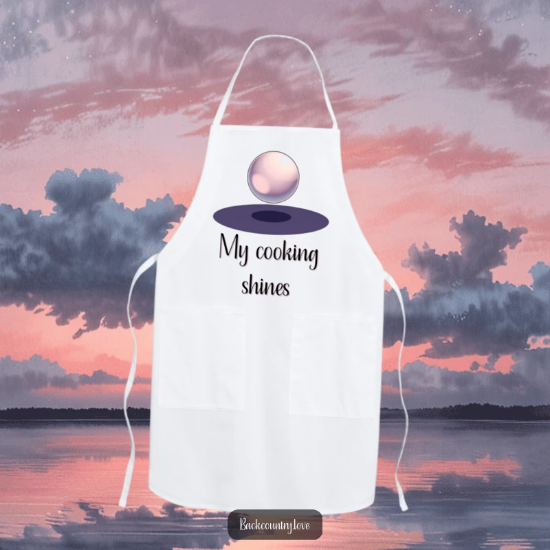 Funny Metallic Sphere Apron featuring a single, polished metallic sphere suspended in a void of stark darkness, perfect for kitchen use with style.