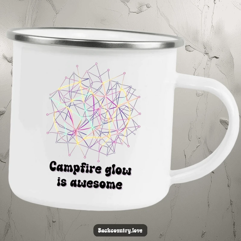 Funny Neon Network Lines Camping Mug with abstract, interconnected lines forming a complex network in vibrant neon hues, designed for outdoor use and style.