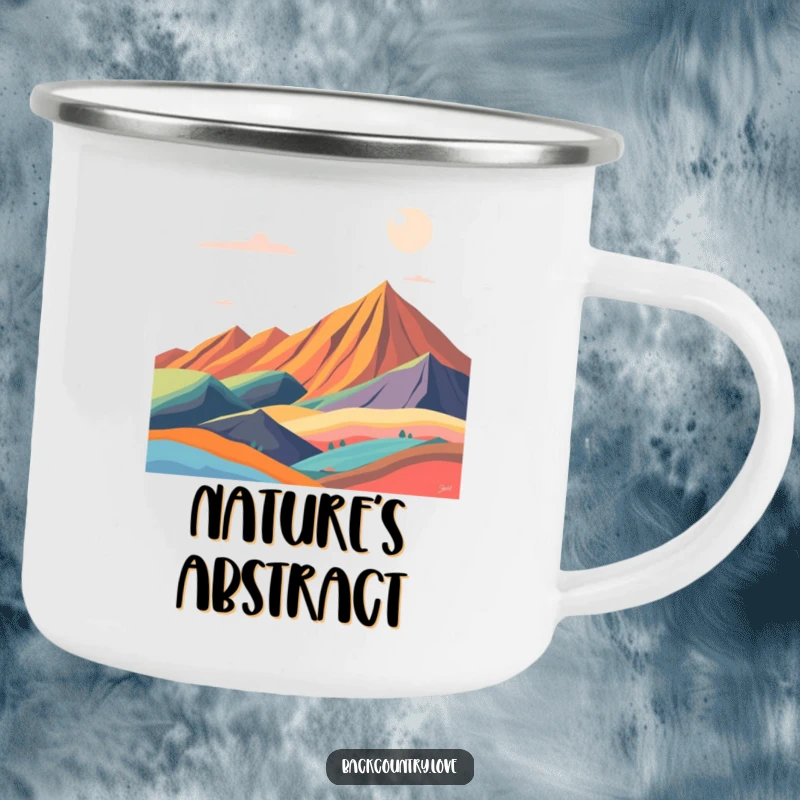 Funny abstract landscape camping mug with bold, contrasting color blocks, designed for durability and dynamic outdoor appeal.