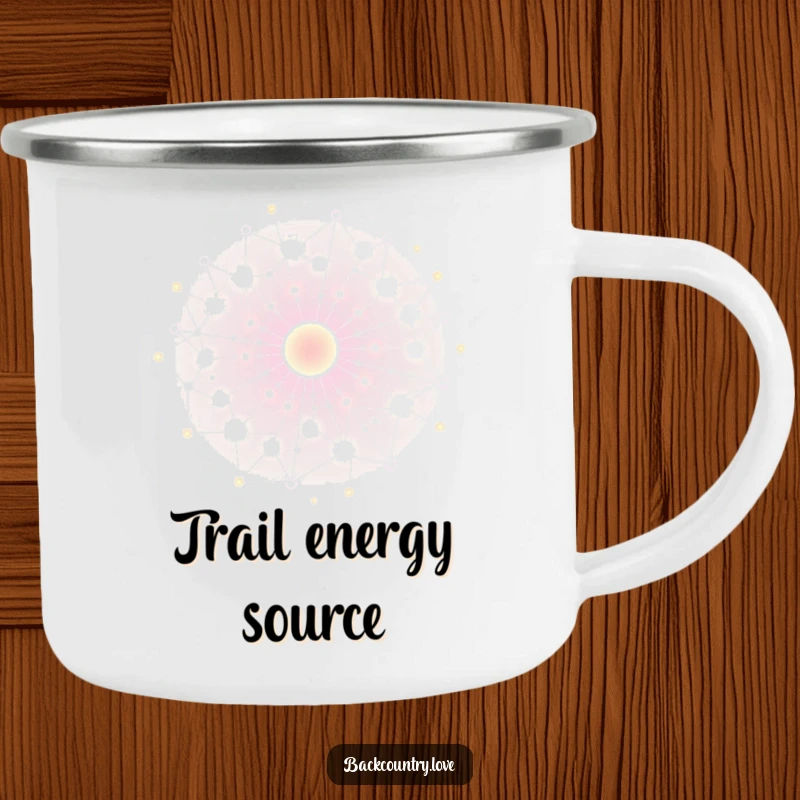 Funny energy network camping mug with glowing, interconnected nodes pulsing with energy. Durable and uniquely designed.