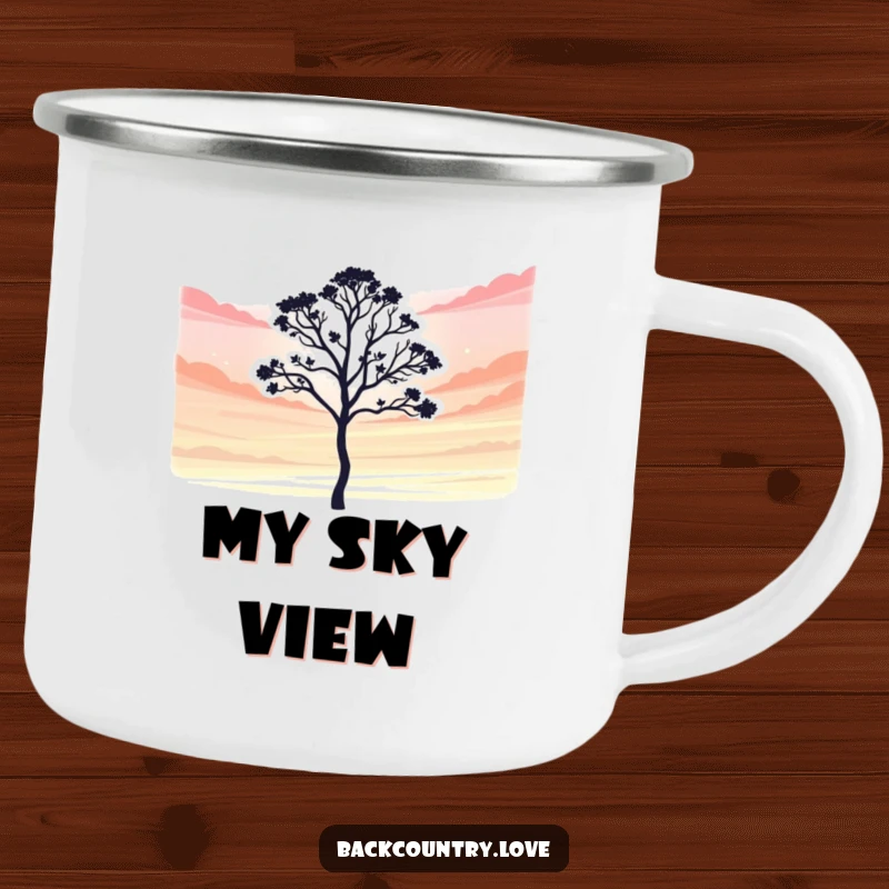 Funny Camping Mug: A simplified silhouette of a lone tree against a vibrant sky, humorously representing peace and natural beauty outdoors.