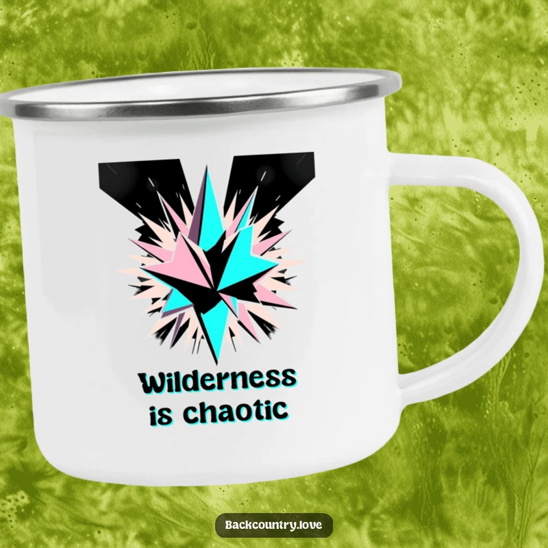 Funny Monochrome Geometric Explosion Camping Mug with sharp, angular shards exploding outwards in a bold black and white abstract pattern, designed for outdoor use.