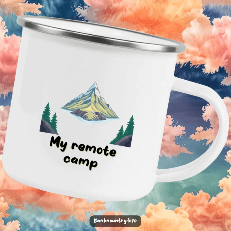 Funny Camping Mug: Sharp, angular lines represent a remote, untouched place, humorously evoking the spirit of rugged adventure.