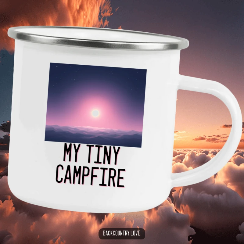 Funny Camping Mug: A solitary glowing dot in a dark expanse, humorously depicting a campfire light or a lone adventurer's spirit.