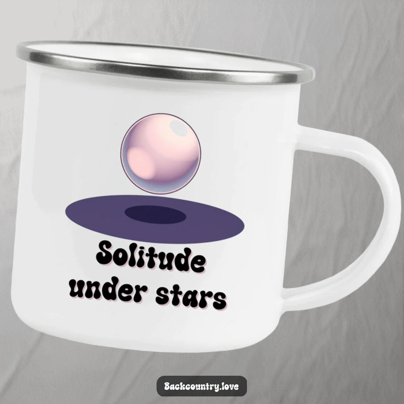 Funny Metallic Sphere Camping Mug featuring a single, polished metallic sphere suspended in a void of stark darkness, designed for rugged outdoor use.