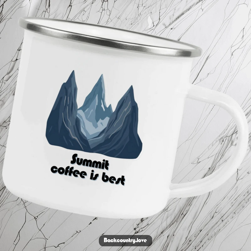 Funny Jagged Peaks Landscape Camping Mug with a minimalist depiction of stark, jagged mountain peaks in deep, contrasting colors, built for outdoor use.