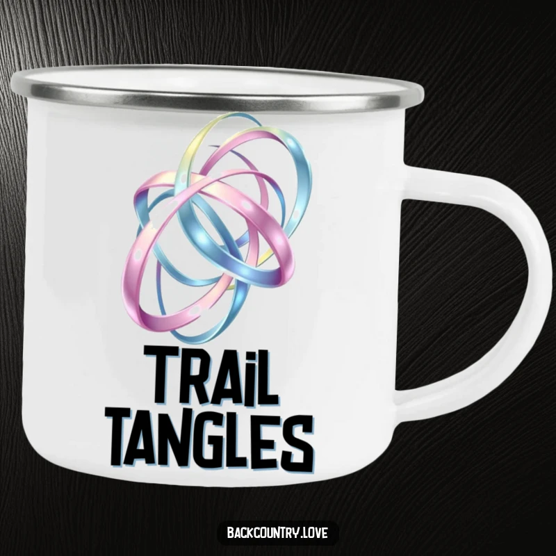 Funny Camping Mug: Abstract, intertwining metallic ribbons create a dynamic design, humorously representing artistic expression in nature.