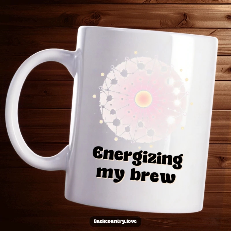 Funny energy network mug featuring glowing, interconnected nodes pulsing with vibrant energy. Perfect for sci-fi and tech lovers.