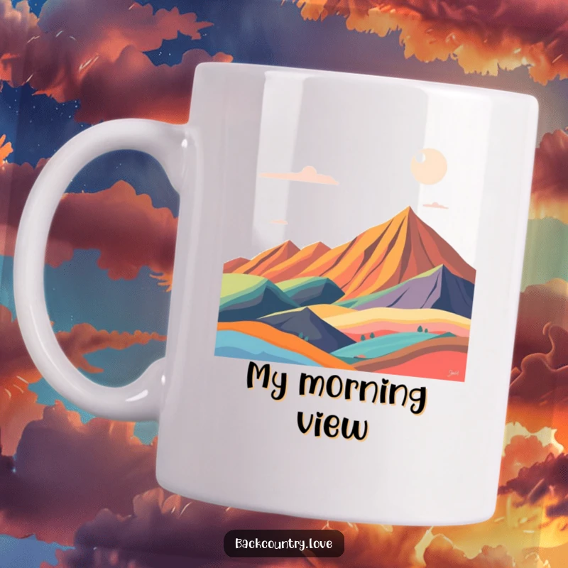 Funny abstract landscape mug featuring bold, contrasting color blocks in a dynamic, modern art style. Perfect for art enthusiasts.