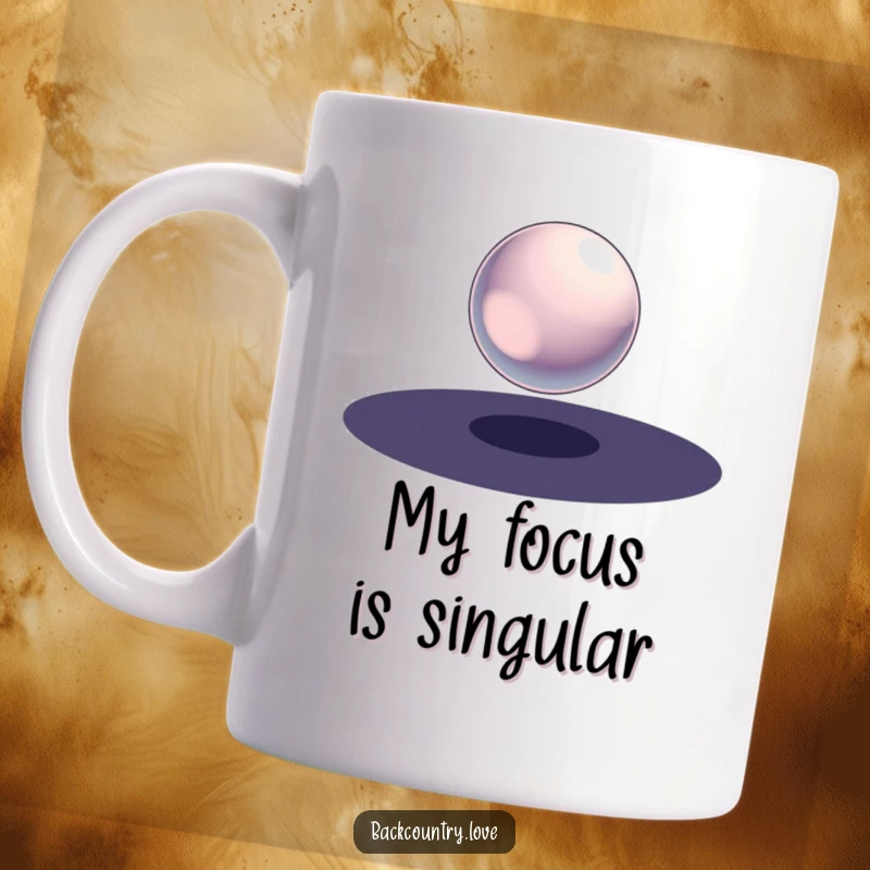Funny Metallic Sphere Mug featuring a single, polished metallic sphere suspended in a vast void of stark, deep darkness, evoking cosmic mystery.