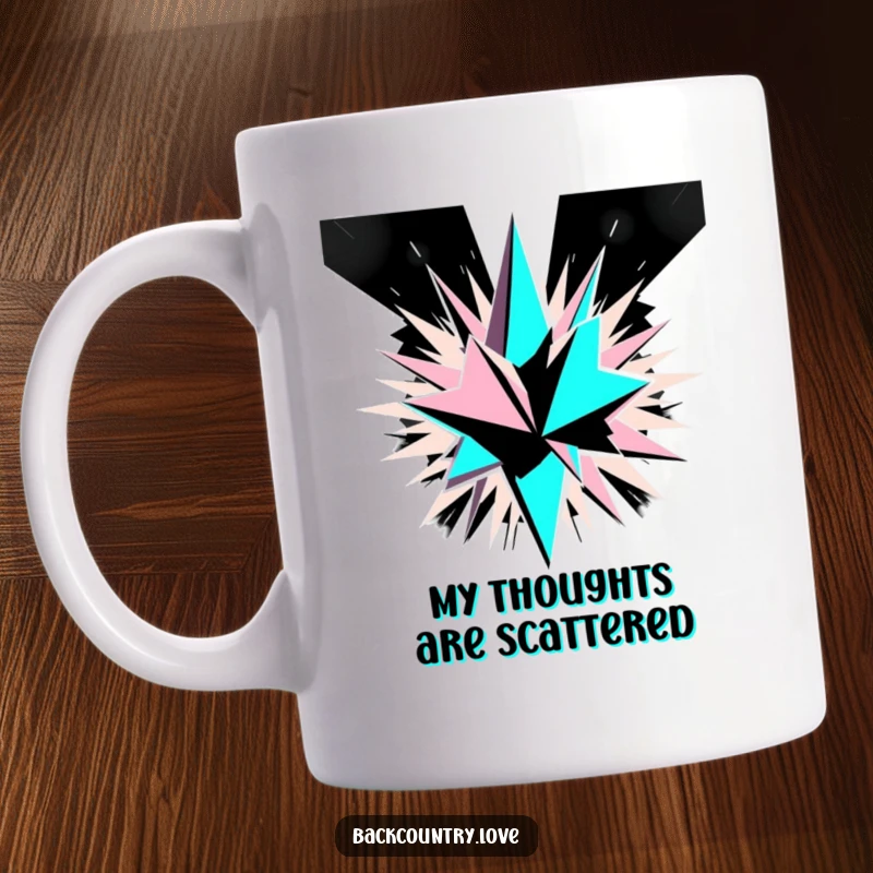 Funny Monochrome Geometric Explosion Mug with sharp, angular shards bursting outwards in a high-contrast, bold black and white palette, symbolizing dynamic energy.