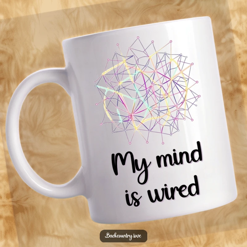 Funny Neon Network Lines Mug showcasing abstract, interconnected lines forming a complex network in vibrant, glowing neon colors, representing energetic connections.