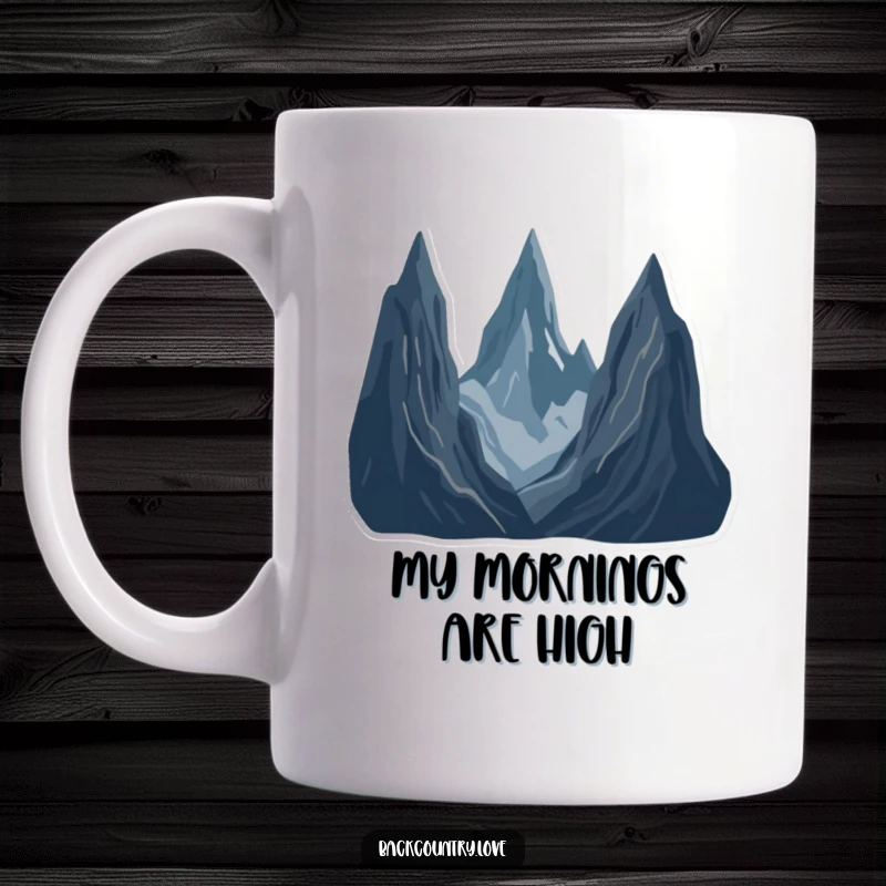 Funny Jagged Peaks Landscape Mug featuring a minimalist scene of stark, jagged mountain peaks rendered in deep, contrasting colors, evoking a sense of adventure.