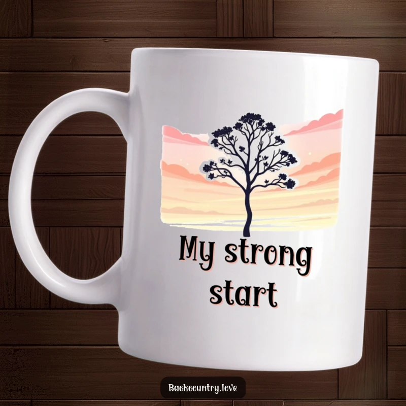 Funny Mug: A bold, simplified silhouette of a lone tree stands against a vibrant, colorful sky, humorously symbolizing resilience.