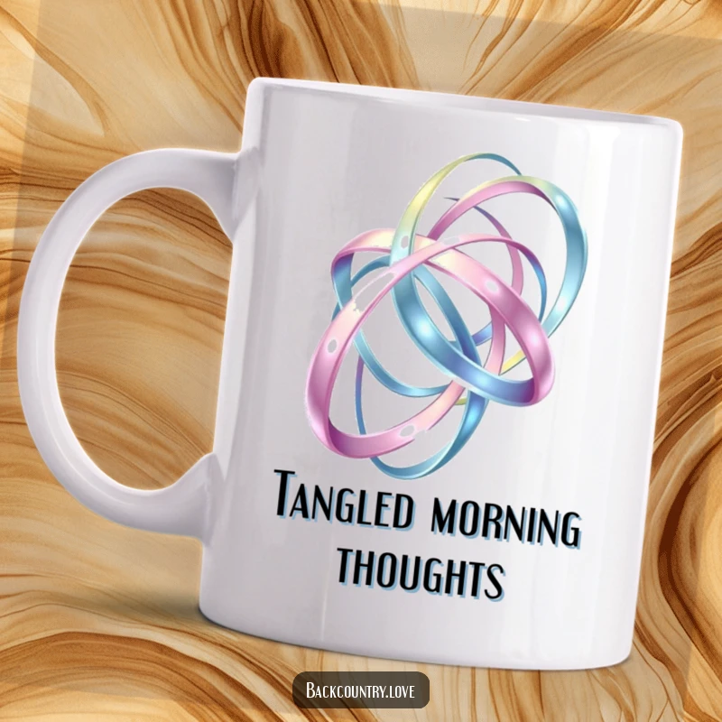 Funny Mug: Abstract, intertwining metallic ribbons create a dynamic, flowing structure, a humorous take on energetic design.