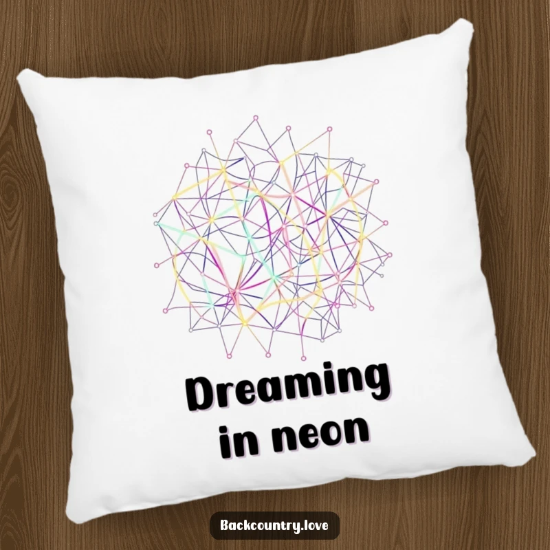 Funny Neon Network Lines Pillow with abstract, interconnected lines forming a complex network in vibrant neon hues, providing comfort and bold decor.
