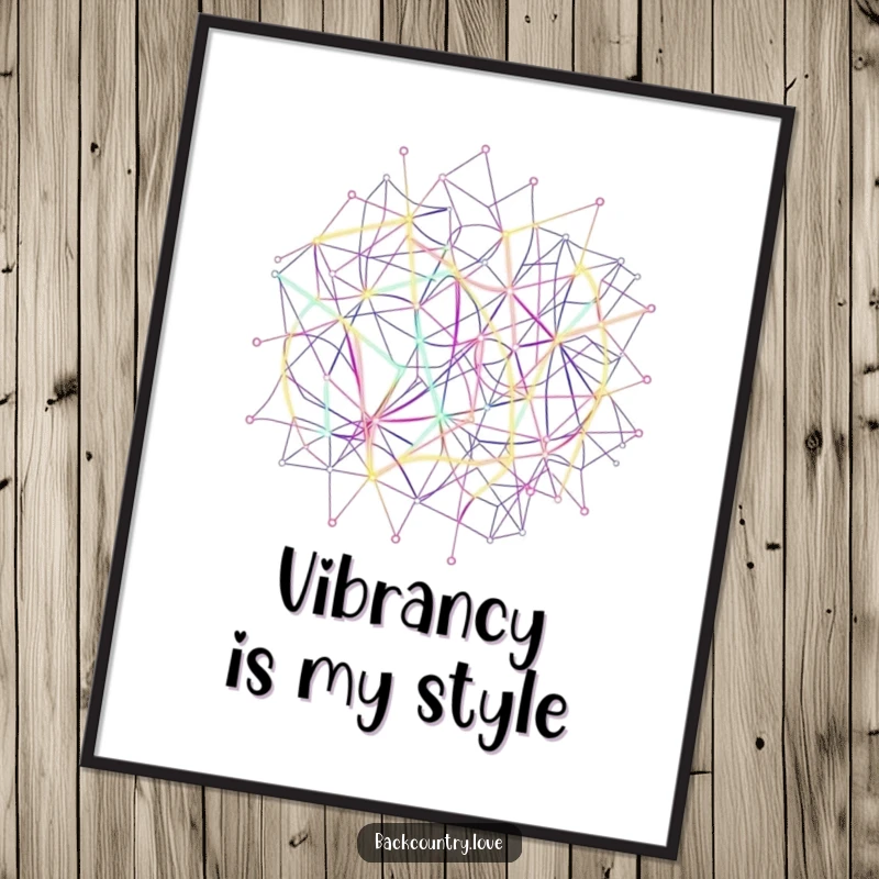 Funny Neon Network Lines Digital Art Print featuring abstract, interconnected lines forming a complex network in vibrant neon hues, ready for instant framing.