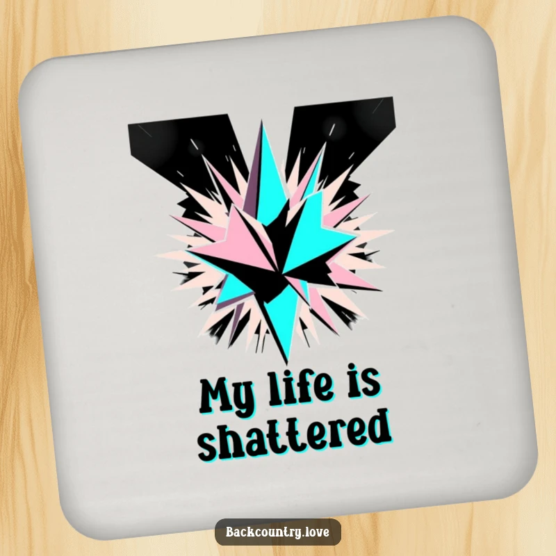 Funny Monochrome Geometric Explosion Coasters with sharp, angular shards exploding outwards in a bold black and white abstract pattern, protecting furniture.