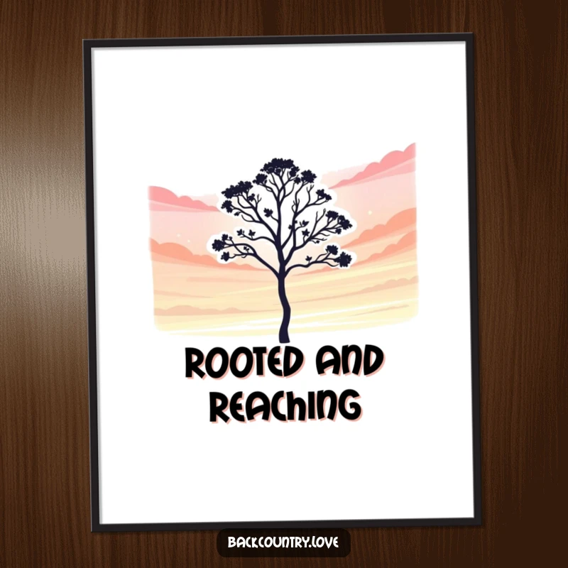 Funny Poster: A bold silhouette of a lone tree against a vibrant, colorful sky, humorously symbolizing strength and natural beauty.