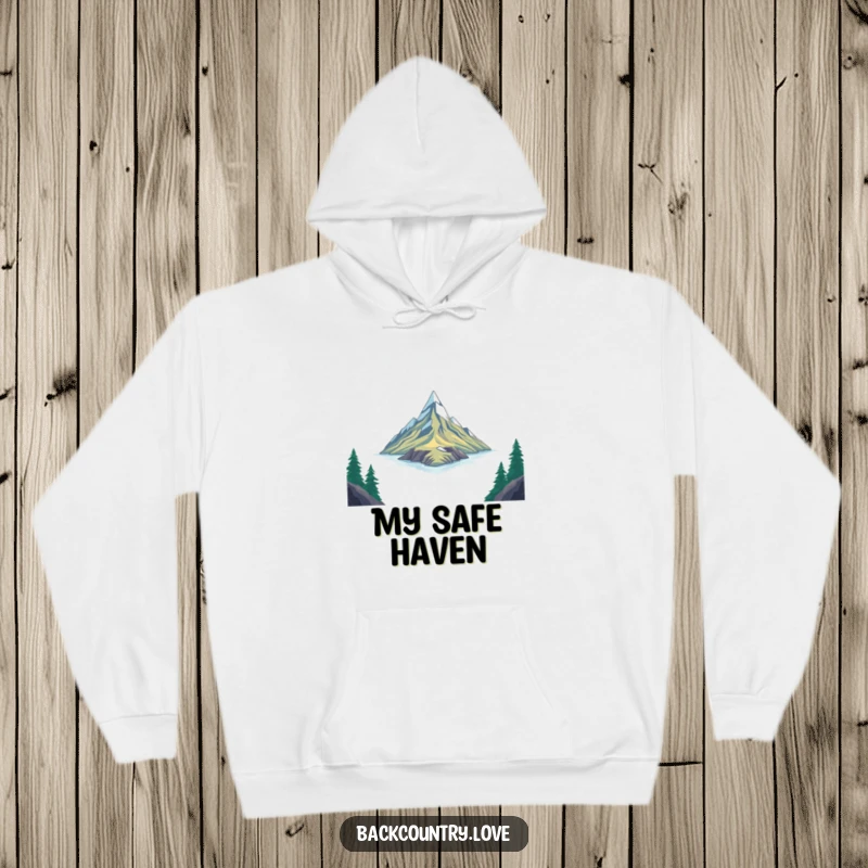 Funny Hoodie: Sharp, angular shapes depict a remote, untouched place, humorously representing a desire for escape and rugged exploration.