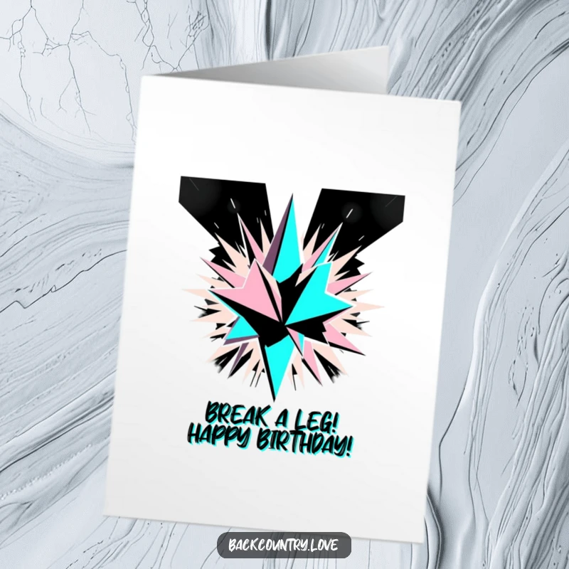 Funny Free Printable Birthday Card featuring sharp, angular monochrome geometric shards exploding outwards with chaotic energy.
