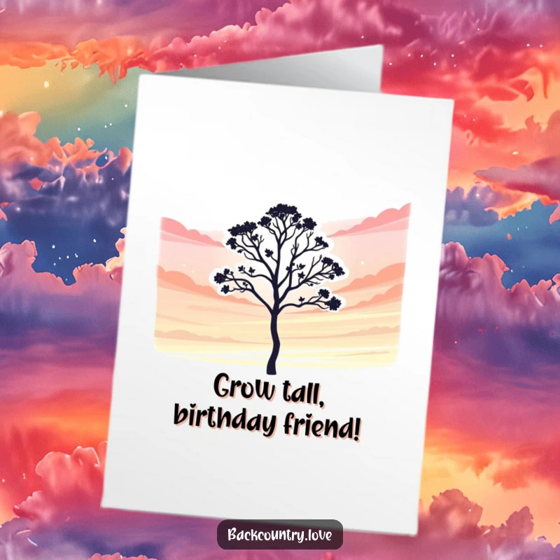 Funny Free Printable Birthday Card with a bold, lone tree silhouette against a vibrant sky, wishing a happy and bright birthday.