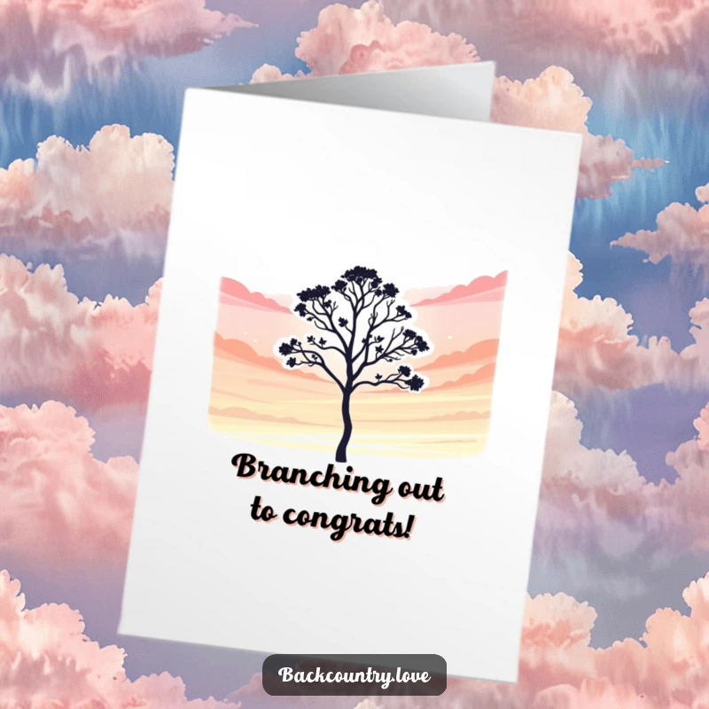 Funny Free Printable Congratulations Card showing a lone tree silhouette against a vibrant sky, celebrating enduring success.