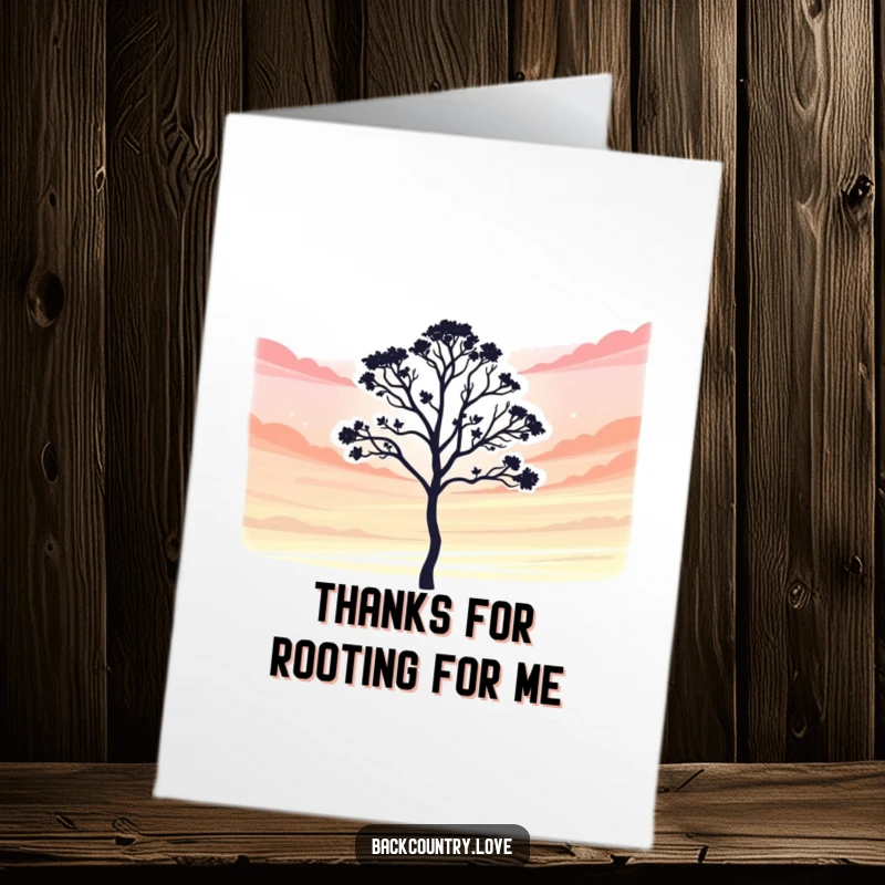 Funny Free Printable Thank You Card featuring a lone tree silhouette against a vibrant sky, expressing sincere and grounded thanks.