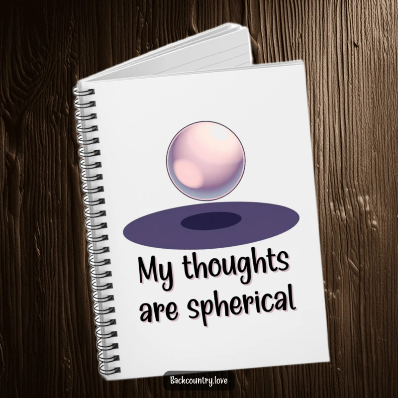 Funny Metallic Sphere Notebook with a single, polished metallic sphere suspended in a void of stark darkness, ideal for writing and contemplative thought.