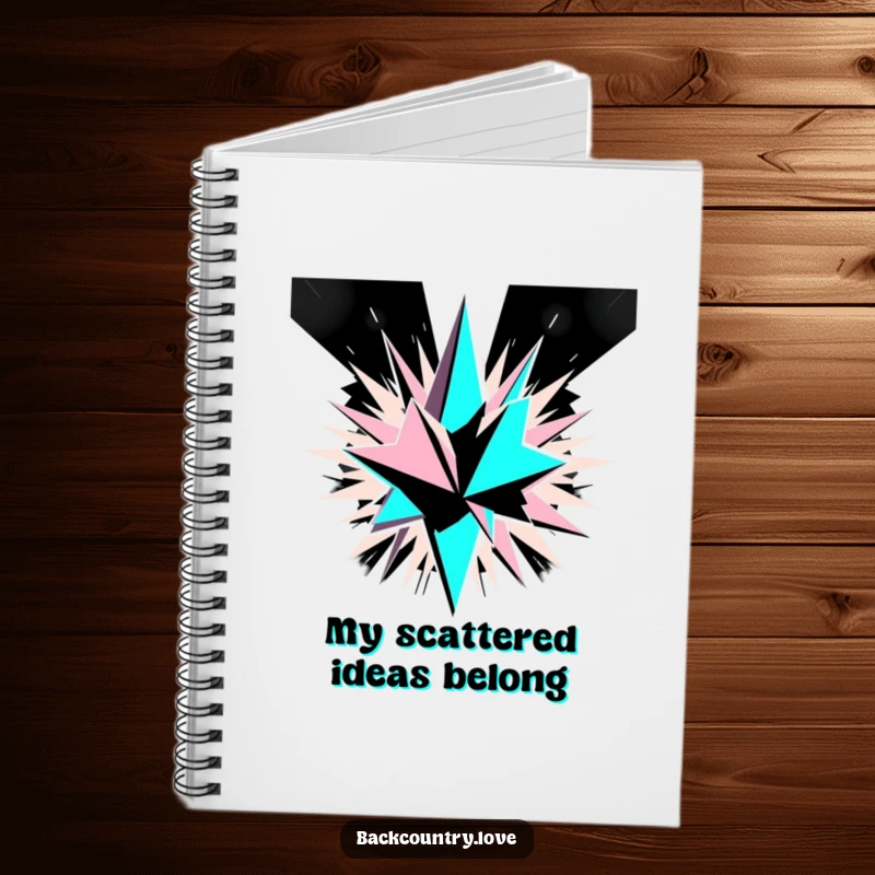 Funny Monochrome Geometric Explosion Notebook with sharp, angular shards exploding outwards in a bold black and white abstract pattern, great for writing.