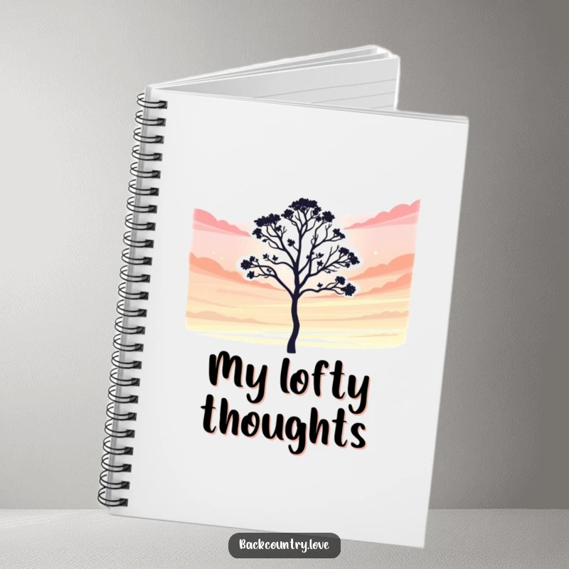 Funny Notebook: A lone tree silhouette against a vibrant sky, humorously symbolizing growth, resilience, and the beauty of nature's simplicity.