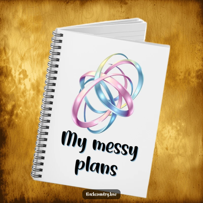 Funny Notebook: Intertwining metallic ribbons form an abstract, flowing design, humorously symbolizing the flow of creative thoughts.