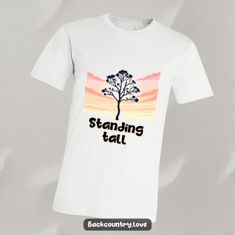 Funny T-Shirt: A bold, simplified silhouette of a lone tree set against a vibrant sky, humorously representing individuality and growth.