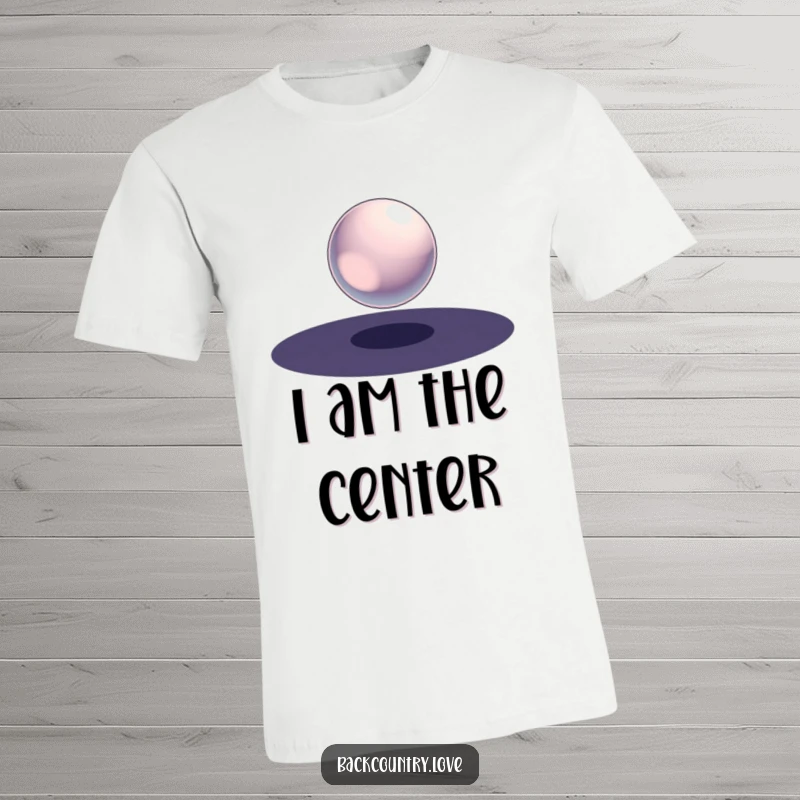 Funny Metallic Sphere T-Shirt showcasing a single, polished metallic sphere floating in an expansive void of stark blackness, symbolizing cosmic isolation.