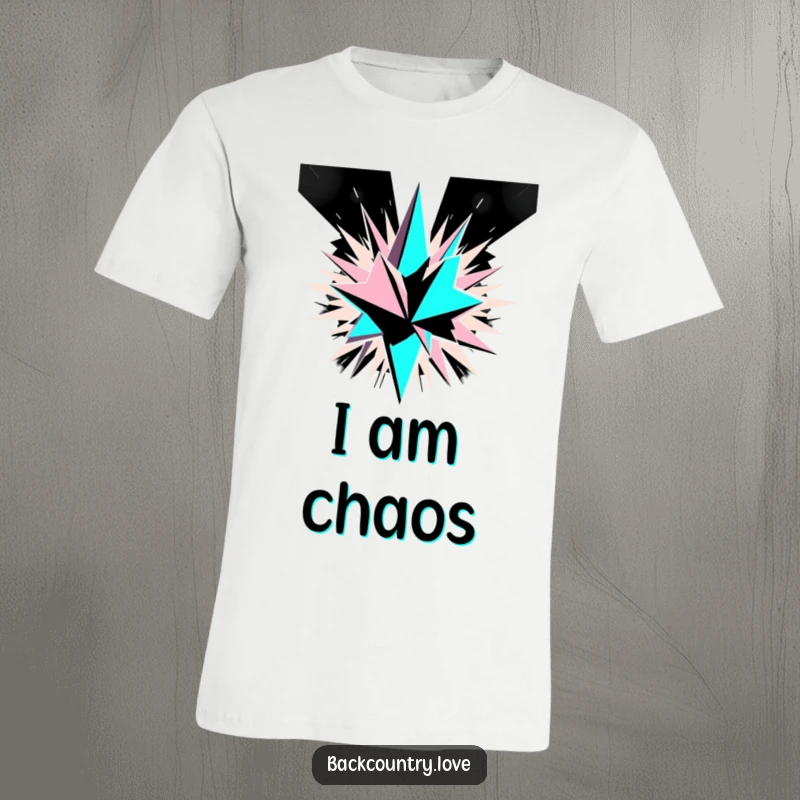 Funny Monochrome Geometric Explosion T-Shirt showcasing sharp, angular shards exploding outwards in a bold, high-contrast black and white abstract pattern.