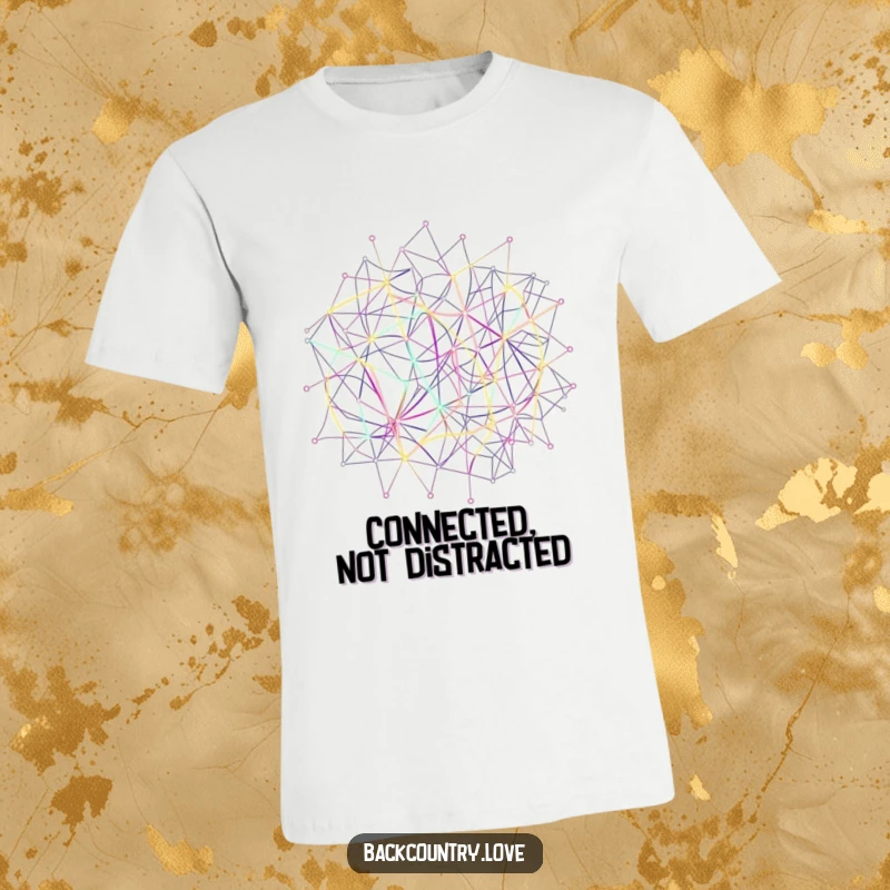 Funny Neon Network Lines T-Shirt depicting abstract, interconnected lines forming a complex network in vivid neon colors, creating a glowing, energetic look.