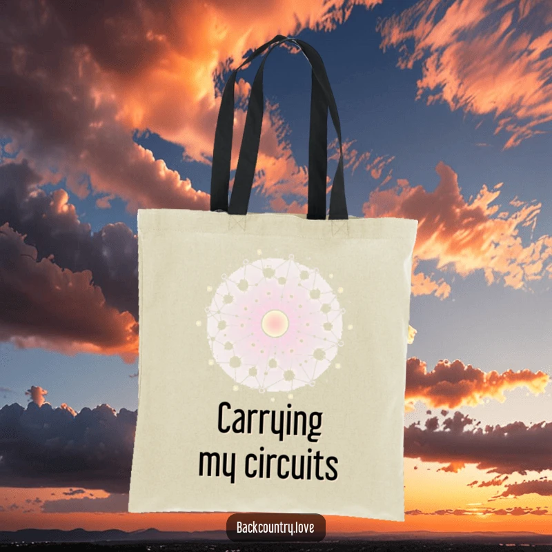 Funny energy network tote bag with glowing, interconnected nodes pulsing with vibrant energy. Great for tech lovers.