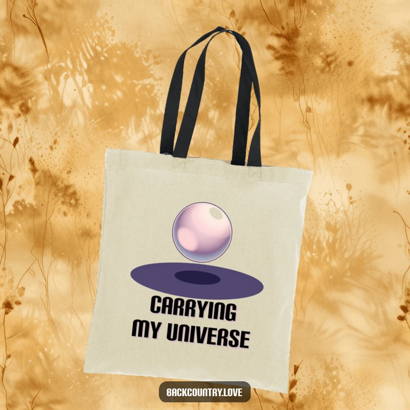 Funny Metallic Sphere Tote Bag with a single, polished metallic sphere suspended in a void of stark darkness, perfect for carrying items with style.