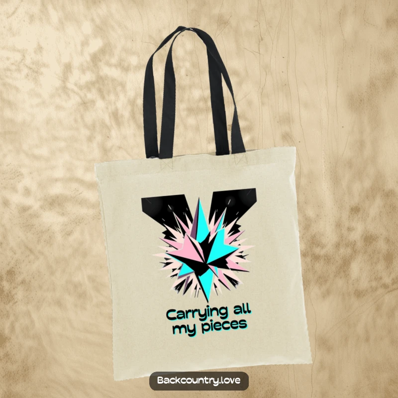 Funny Monochrome Geometric Explosion Tote Bag with sharp, angular shards exploding outwards in a bold black and white abstract pattern, ideal for carrying items.